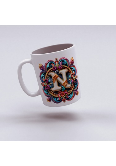 N Harfi Boho Bardak, Renkli Özel Tasarım Hediyelik Harfli Kupa, 330ml Porselen Beyaz