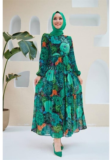 Neşeli Butik Kadın Yeşil Kemerli Tesettür Şifon Elbise Sms025 Yeşil