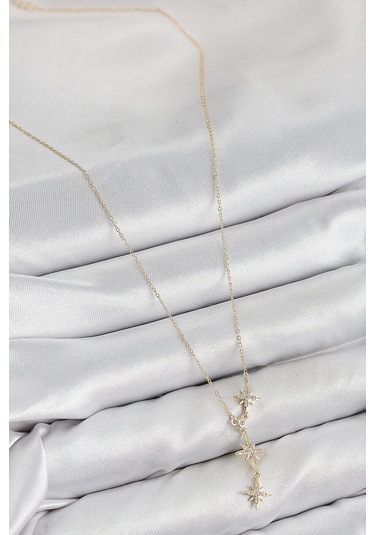 Shoecide Pirinç Zirkon Taşlı Kutup Yıldızı Model Gold Renk Kadın Kolye Çok Renkli