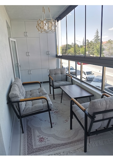Modern Mars Balkon, Bahçe, Cafe - Salon - Metal Kanepe Koltuk Takımı - 2+1+1 + Sehpa Krem Modernsh61 Krem