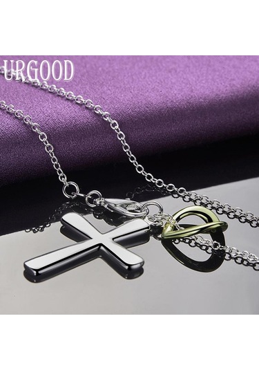 925 Ayar Gümüş Kalpli Haç Kolye Kolye Takı