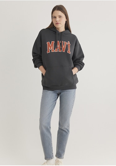 Mavi - Mavi Logo Baskılı Kapüşonlu Gri Sweatshirt 1600361-80106 Gri
