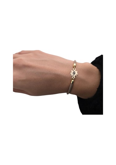 Dünya Gözü Temalı Dikdörtgenli Örgülü 14 Ayar Altın Plakalı Hediye Bileklik-331sembol-kahverengi Altın