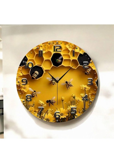 Kabartma Görünümlü Renkli Baskı Arı Desenli Sayılı Hediyelik Ahşap Sessiz Duvar Saati 50cm ÇOk Renkli