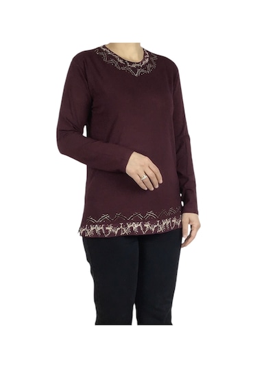 Kadın Yaka Ve Etek Desenli Taşlı Likralı Bluz-arpbattal2 Bordo