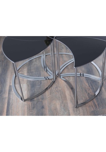 Premium Modern Yuvarlak Sehpa 6 Lı Takım 100 48 Cm Siyah Cam Bronz Ayaklı