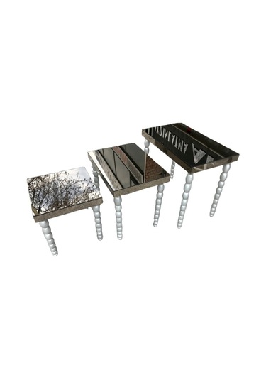 Zigon Sehpa ELMA Model Parlak GRİ Lake Ahşap Kayın Torna Ayak Cam Ayna Kaplama tabla El Yapımı