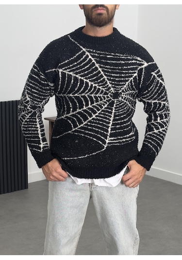 Örümcek Ağı Desenli Siyah Erkek Peluş Sweatshirt Coc1200 Siyah