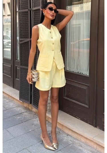 Gold Düğme Detaylı Yelek Şort Cotton Takım 10208 Altın