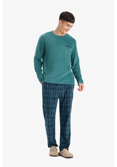 Defacto Pijama Takımı Polar Uzun Kollu Üst Kareli Uzun Alt D0047ax25wngn623 Yeşil