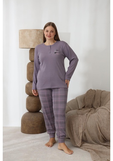 Lindros Kadın Pamuk'lu Düğme Yaka Raporlu İnterlok Kışlık Battal Pijama Takımı 0267 - 1 Adet Füme