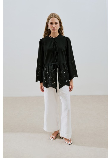 Bağlamalı Nakışlı Tunik Siyah Siyah