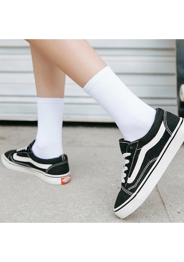 Bgk Unisex 6'lı Düz Tenis Model Beyaz Siyah Beyaz - Siyah