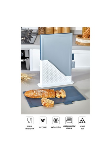 9'lu Mutfak Hazırlık Seti - Dik Standlı Kulplu Kesme Tahtası Karıştırma Kabı Süzgeç Limon Sıkacağı Mavi