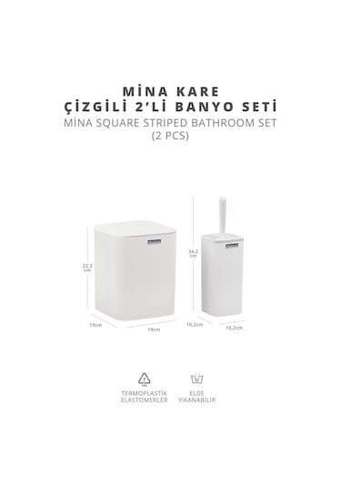 Okyanus Home Mina Beyaz Çizgili Kare 2'li Wc Kova Ve Fırça Seti Beyaz