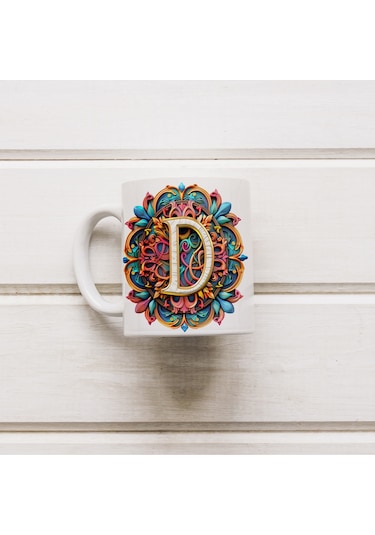 D Harfi Boho Bardak, Renkli Özel Tasarım Hediyelik Harfli Kupa, 330ml Porselen Beyaz