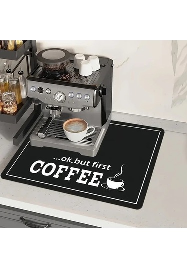 Trendooze Kaymayan Kahve Makinesi Matı 50x30 Ok But First Hızlı Kurur Desenli