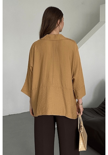 Paw Garage Kadın Evelyn Vizon Oversize Gömlek, Keten Ayrobin Ön Patlı Gömlek Vizon