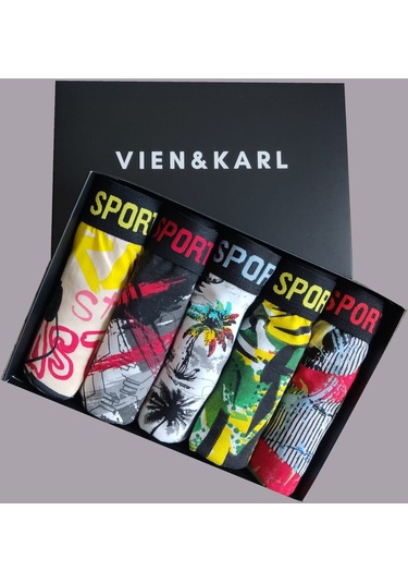 Erkek Desenli 5'Li Premium Kutu Penye Pamuklu Likralı Boxer Çok Renkli