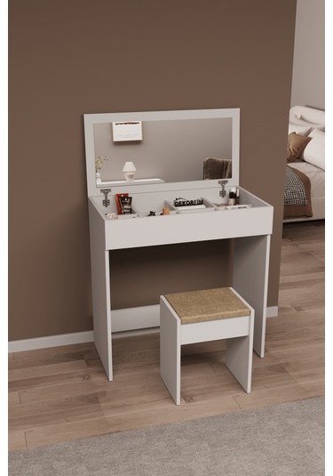 Df02113 Kapaklı Aynalı Bölmeli Puflu Makyaj Masası Beyaz