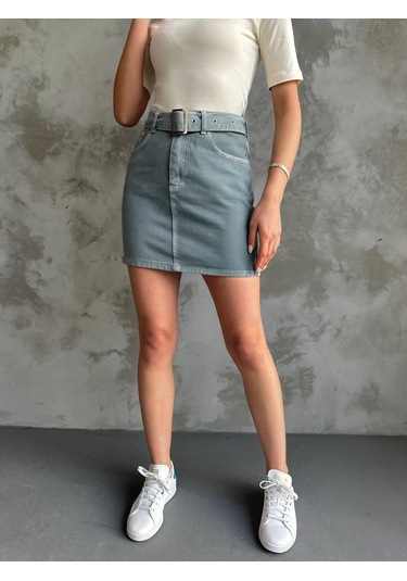 Kadın Kemer Detaylı Kot Mini Etek-mavi Mavi