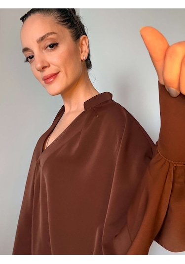Ali Butik Kahve Yarasa Kol V Yaka Tasarım Gömlek Kahve