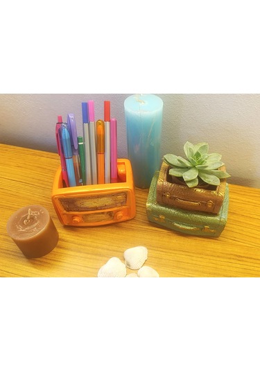 Retro Radyo Saksı Ve Kalemlik - Retro Çift Bavul Saksı- Masaüstü Dekoratif Organizer Kalemlik İkili Set 12 8 2Adet