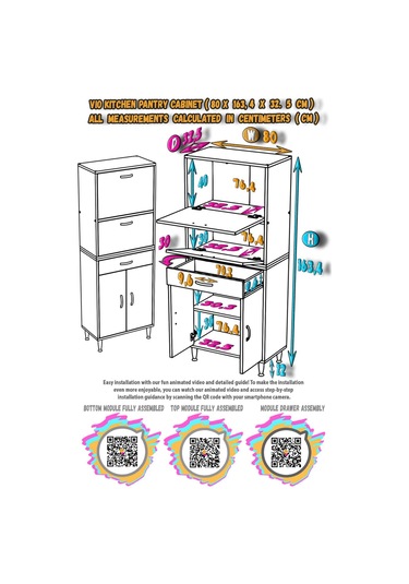 Modilayn Vio 80x163,4x32,5 Cm Yeni Çekmeceli, Kapaklı, Ekmeklikli, Çok Amaçlı Mutfak Dolabı. Beyaz