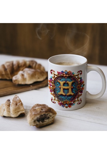 H Harfi Boho Bardak, Renkli Özel Tasarım Hediyelik Harfli Kupa, 330ml Porselen Beyaz