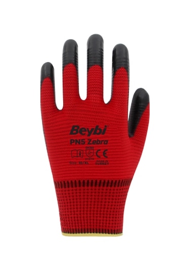 Beybi PN5 Zebra Polyester Örme Nitril İş Eldiveni – Kırmızı - Siyah