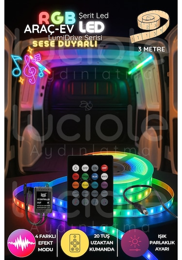 Lumidrive 3m Rgb 5050 Led Şerit Müzikle Senkron Işık, 20 Tuş Kumanda, Ses Modül Seti 12v