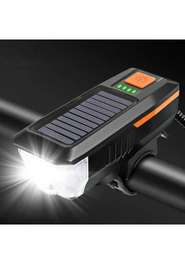 Güneş Enerjili Usb Şarjlı Bisiklet Lambası Solar Fener Ön Far Işık Aydınlatma Kornalı Turuncu
