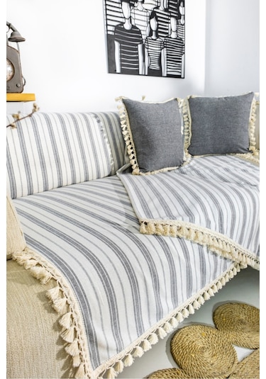 Dnc Home Tekstil Ndchome Gri Çizgili Otantik Keten Koltuk Örtüsü
