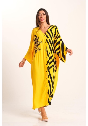Kadın Sarı Desenli Garnili V Yaka Yarasa Kol Cepli Oversize Uzun Gömlek Elbise - Sarı