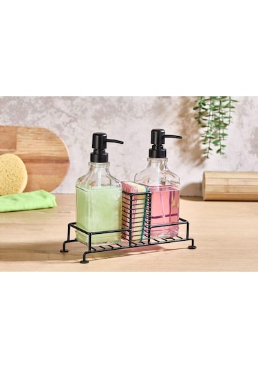Qerhome Metal Standlı 2 Li Cam Sabunluk Seti İkili Sabunluk Set Standlı Sabunluk Siyah Siyah