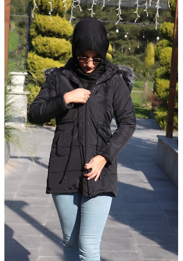Toridas Kışlık Yaka Kürklü Uzun Kadın Şişme Tesettür Mont Bt122siyahtesettür 001