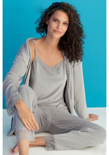 Kadın 13402-1 Dantelli Sabahlık Kadife Pijama Takım GRİ-GRİ Gri