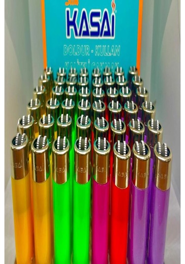 Kasai Slim Renkli Taşlı Çakmak 48 Li Paket Silindir Model Çok Renkli