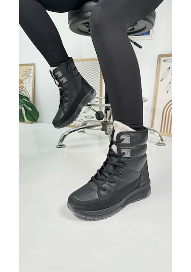 Günlük Kadın Kar Botu Kürklü Bağcıklı Fermuarlı Rahat Yüksek Kalın Tırtıklı Taban Bootie 815 Siyah-füme