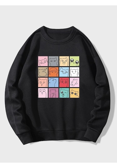 Clayes Kedimoji Sweatshirt - Siyah Baskılı Oversize Bisiklet Yaka Siyah