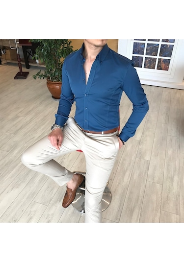 Italyan Stil Slim Fit Dik Yaka Saten Erkek Gömlek Lacivert T4752