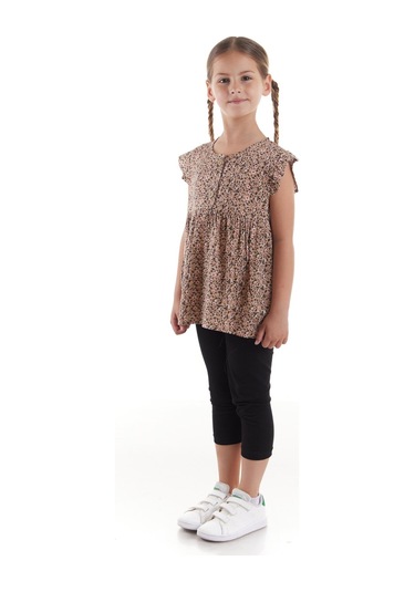 Ahengim Kız Çocuk Takım Vizkon Baskılı Taytlı Alt Üst Takım Pamuklu Ak2522 Bej