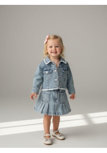 Zekids Kız Bebek Taşlı Denim Ceket-16880 Mavi