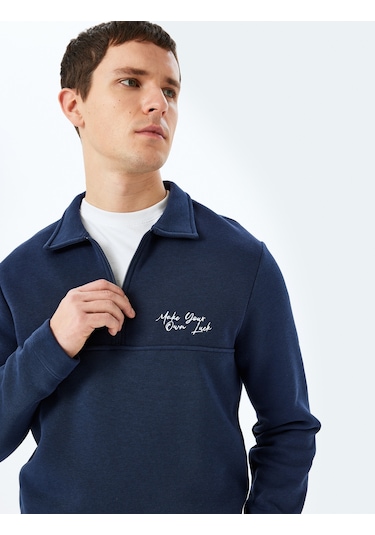 Koton Slogan İşlemeli Pamuk Karışımlı Dikiş Detaylı Yarım Fermuarlı Sweatshirt Lacivert 5wam70263mk Lacivert