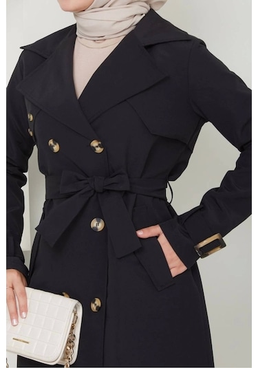 Pamuklu Bondit Kumaş Trençkot / M0105 - Siyah Siyah