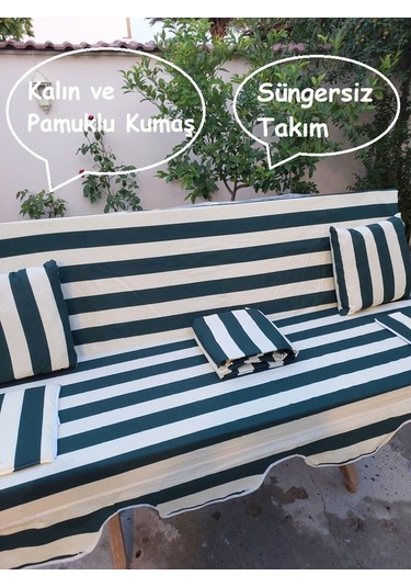 Mandaş Süngersiz 3 Kişilik Salıncak Minder Seti Pamuklu Kumaş -yeşil Krem Yeşil
