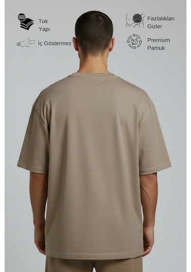 Allunique Erkek Pamuklu Oversize Bisiklet Yaka Vizon T-shirt