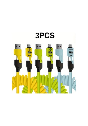 Userfriendly11 3lü Pd 65w 4ü1 Hızlı Şarj Kablosu Sarı Yeşil Mavi 15m Seyahat Araba Şarjı Teleskopik