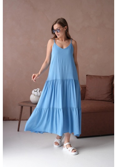 İnce Askılı Uzun Yazlık Elbise Indigo