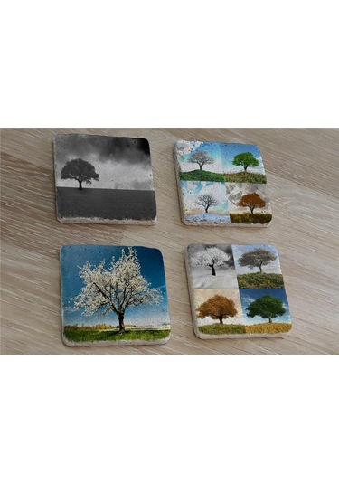 Dört Mevsim Ağaçlar Doğal Taş Bardak Altlığı 4'lü Set - Natural Stone Coasters - Taş Çok Renkli
